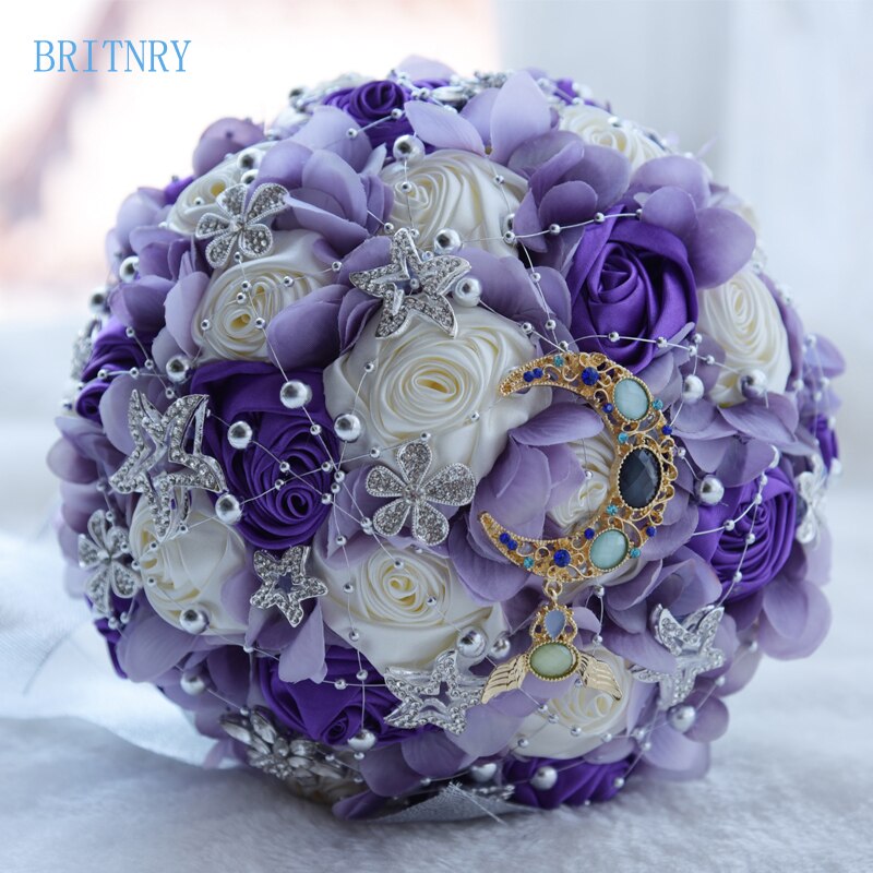 BRITNRY Fantasy Rose Wedding Bouquet Moon and Star Brooch Bouquet Satin Bride's Bouquet Purple Bridal Bouquet with Beads