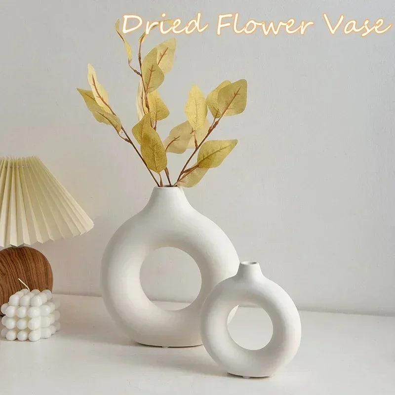 Florero decorativo de imitación de cerámica blanca pura, adorno de arreglo de flores de una sola rama, de Donut, decoración de mesa para maceta