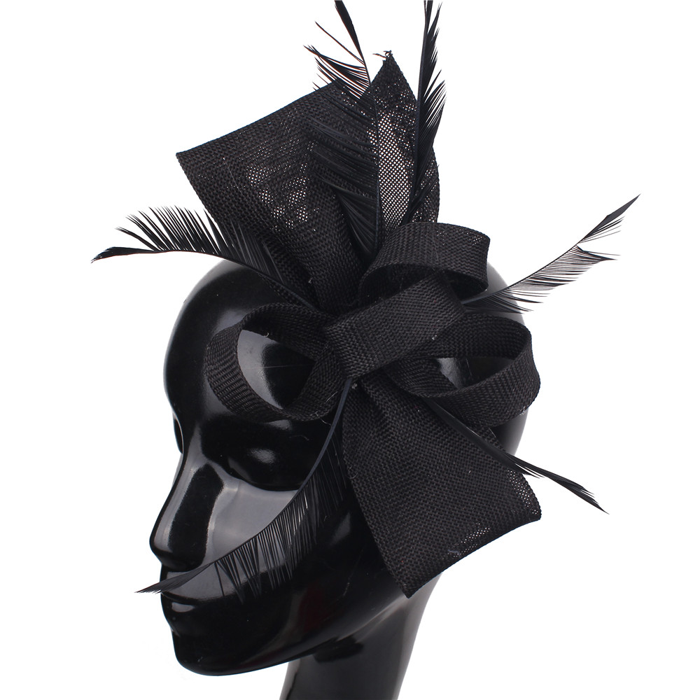 Nachahmung Sinamay Hochzeit Kopfbedeckung Braut Champagner Fascinator Hut Haarnadel mit ausgefallenen Federn Haarschmuck Damen Kopfschmuck: Black