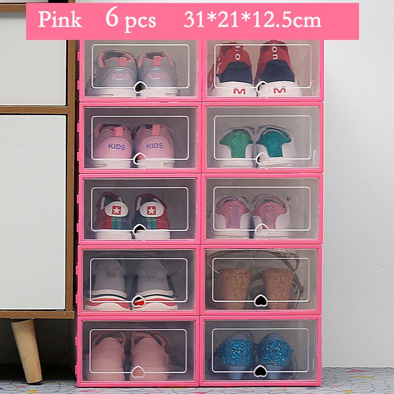 6Pcs Transparante Schoen Dozen Opslag Verdikte Stofdicht Schoenen Organizer Box Bovenop Combinatie Schoenenkast Dispaly: Pink