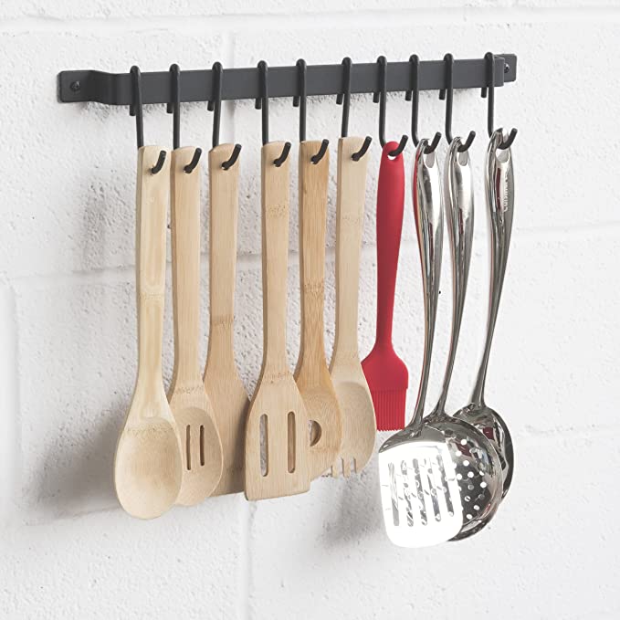 Wall Mounted Kitchen Hooks Kitchen Rail with 10 Hooks, Wall Mounted Wrought Iron Hanging Utensil Holder Rack with Black 17 Inch