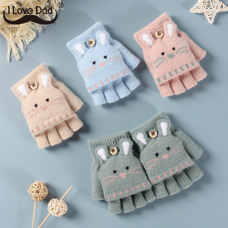 Gants doux tricotés avec des animaux de dessin animé pour bébés, pour filles et garçons, à rabat, mitaines chaudes sans doigts pour enfants, automne et hiver