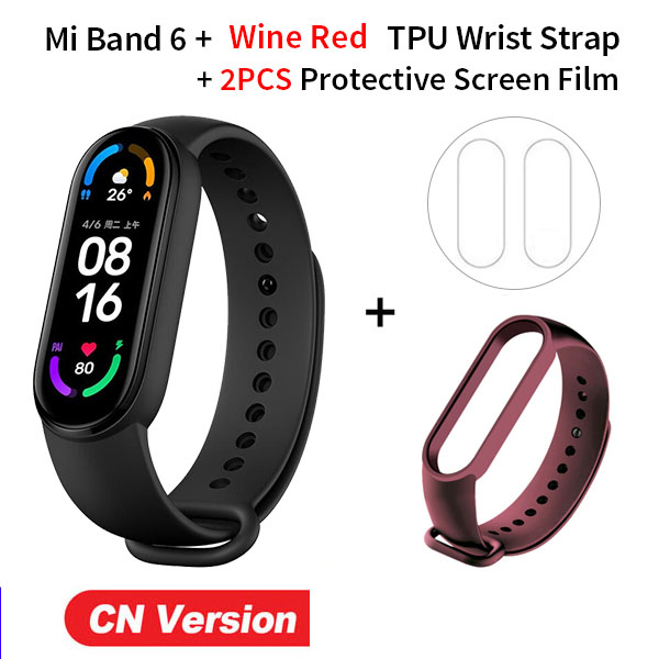 Xiaomi-pulsera inteligente Mi Band 6, dispositivo con control del ritmo cardíaco y del oxígeno en sangre, Pantalla AMOLED a Color de 1,56 pulgadas, Bluetooth, 5 colores: Add wine red Strap