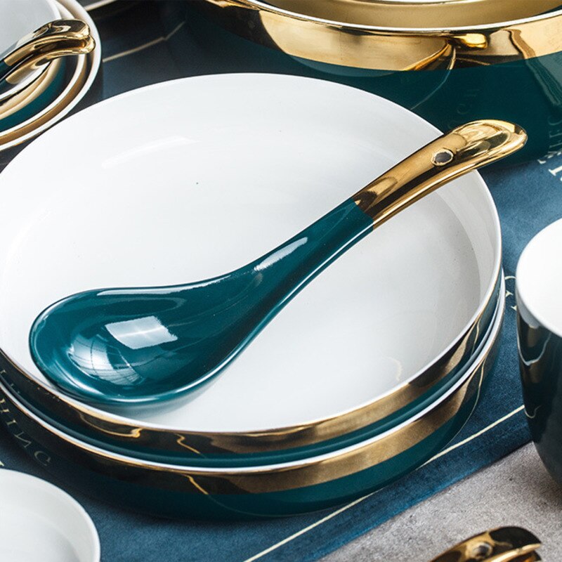 Nordic Stijl Groene Keramische Goud Inlay Diner Plaat Steak Food Lade Servies Rijke Soepkom Fruit Dessert Servies Set