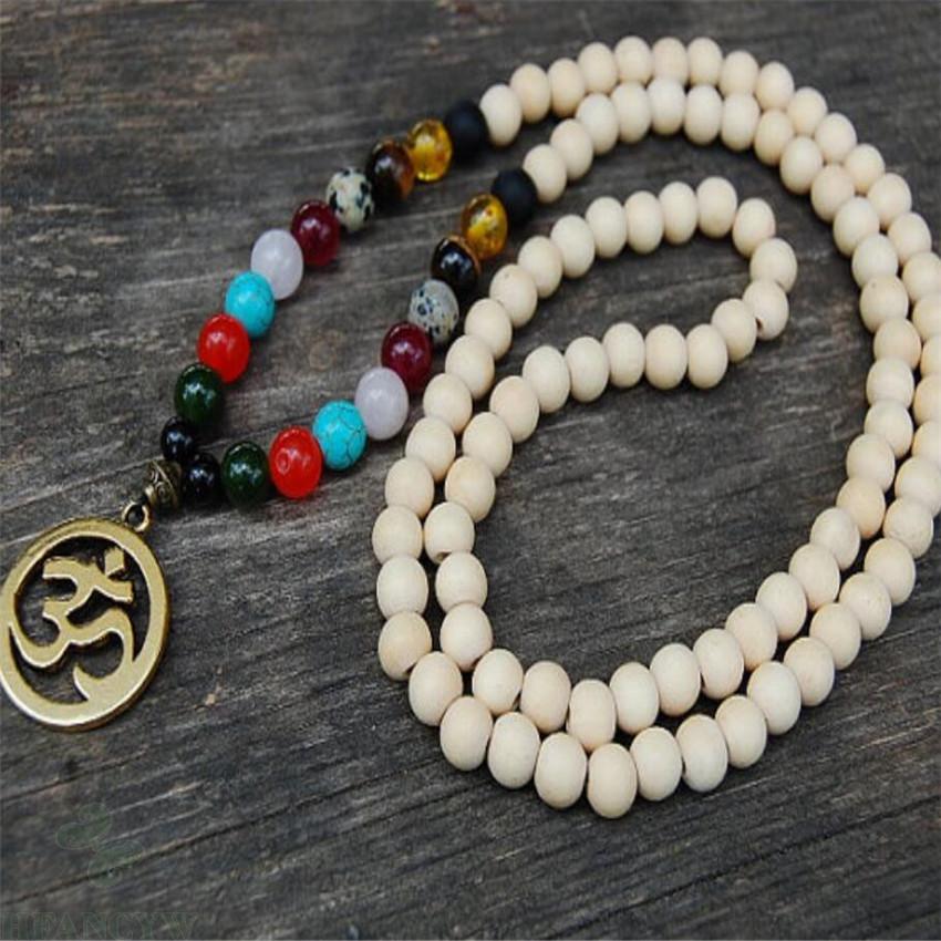 Collar de mala de chakra de sándalo blanco de 8mm, pulsera hecha a mano de meditación, con borla de Sutra