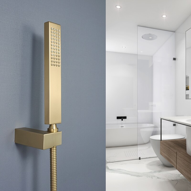 Brushed Gold Hand Shower Bathroom Handhold Water Saving Shower Head Round Square Wall Mount Holder Shower Hose Bath Hand Sprayer