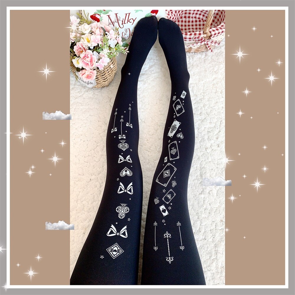 Interlaced gordijn Lolita Vrouwelijke Herfst Zoete print Fluwelen 120D Panty stamping Kawaii Lolita Japanse Panty Cosplay: Black silver / XS
