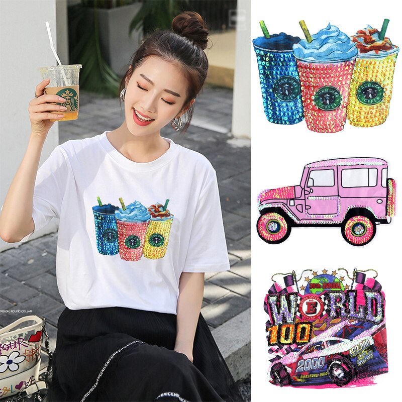 Grote Borduurwerk Auto Sequin Doek Stickers Kleding Patch Jas T-shirt Gat Stickers Cartoon Decoratieve Stickers E-02