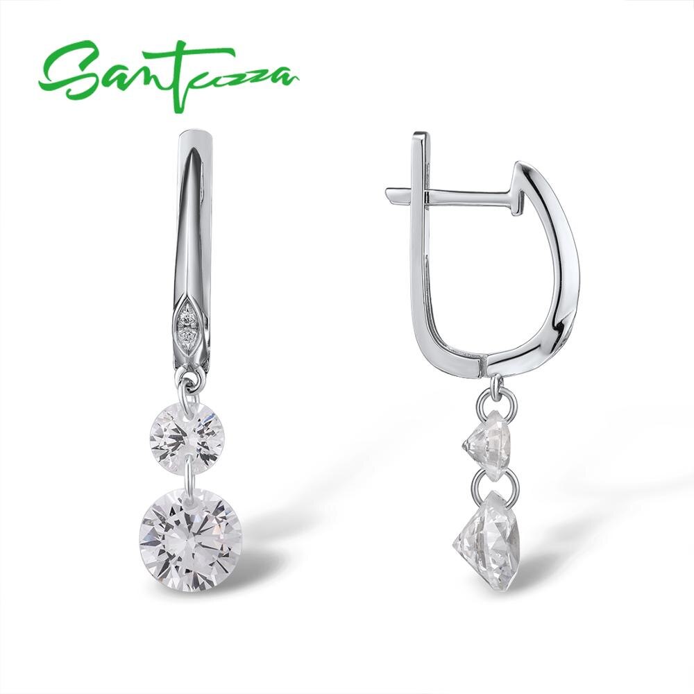 Boucles d'oreilles en argent SANTUZZA pour femmes pur 925 argent Sterling étincelant blanc zircon cubique boucles d'oreilles goutte bijoux fins