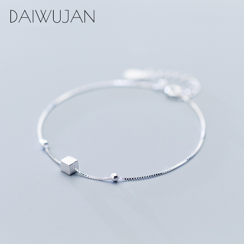 DAIWUJAN 925 Sterling Silber Geometrische Perlen Quadrat Box Kette Armbänder Edlen Schmuck Für Frauen Einstellbar Partei Zubehör