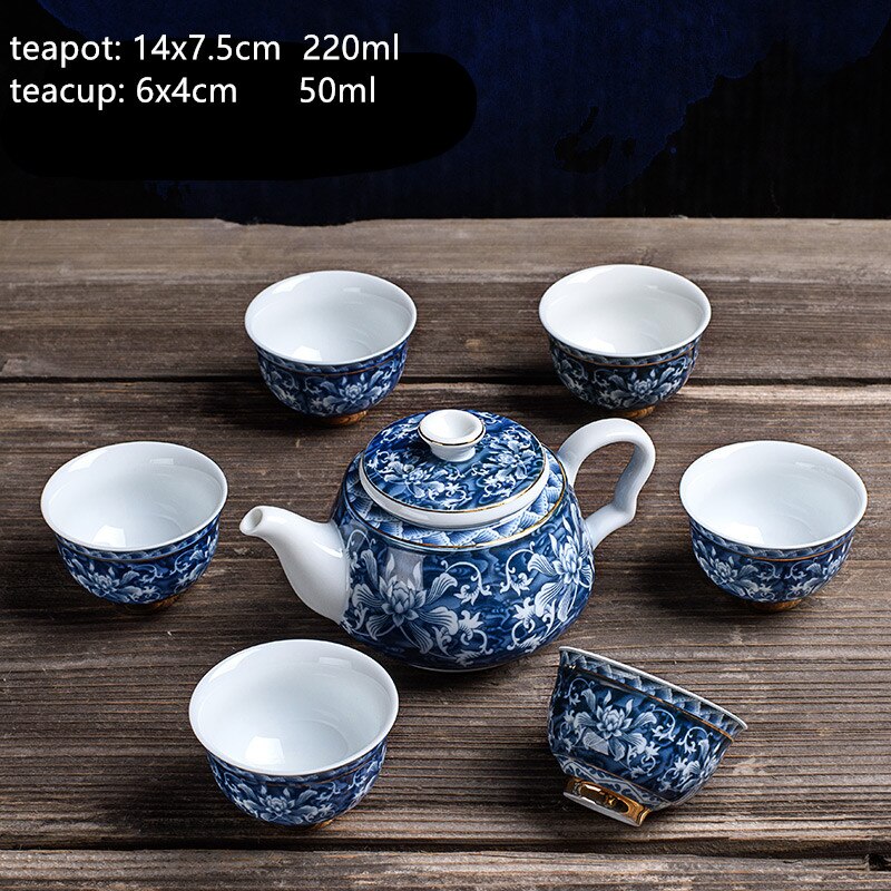 Service à thé en porcelaine bleu et blanc Antique, ensemble de théière et tasse chinois avec filtre en céramique,: C
