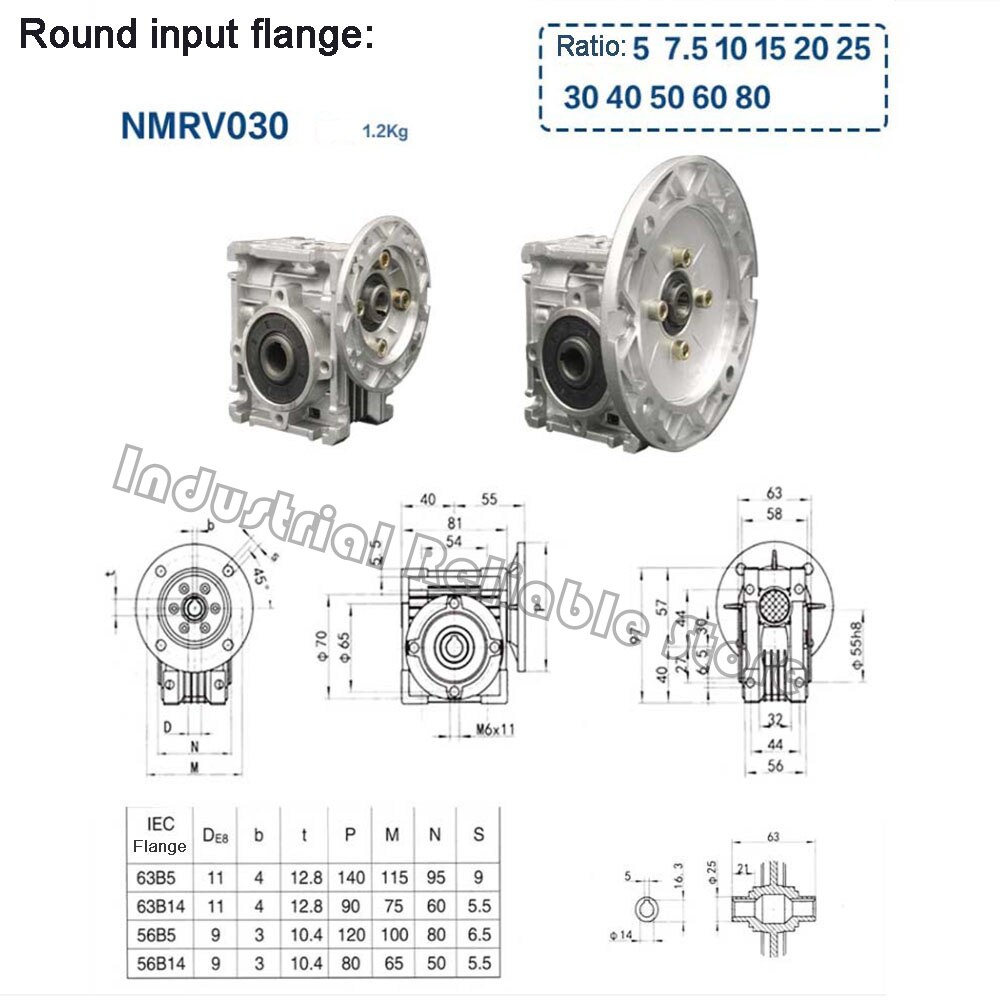 NMRV030 57mm Worm gear reducer Reduction ratio 30:1 for NEMA23 stepper motor 9mm 11mm input shaft diameter 14mm output shaft