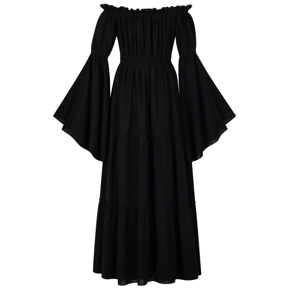 Damen Renaissance irisches Kleid, schulterfrei, mittelalterliches Bauernkleid, Piratenkostüm, Dirne, Retro-Kleid, gesmokte Taille, Maxi-langes Kleid: S / Black