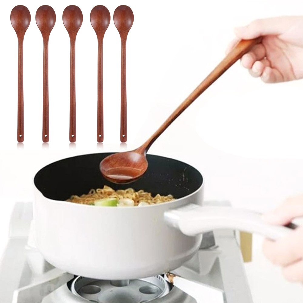 Japanese-Style Long Handle Wooden Spoon Natural Solid Wood Large Soup Scoop Tea Spoons Porridge Dessert Stirring Spoon Tableware