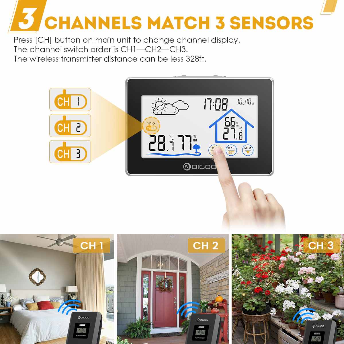 Digoo DG-TH8380 Big Screen Weather Station Thermometer Forecast Sensor IN/Outdoor Sensor with Temperature, Humidity