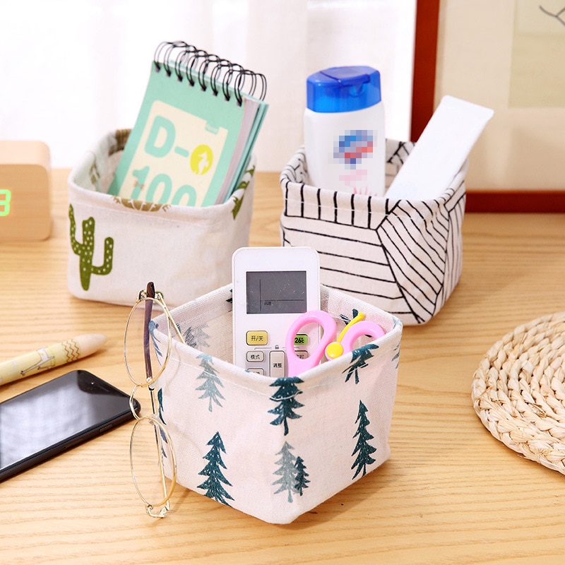 Cute Office Storage Box Multifunction Linen Desktop Basket Stationery Holder Desk Sundries Container Girls Makeup Organizer Case