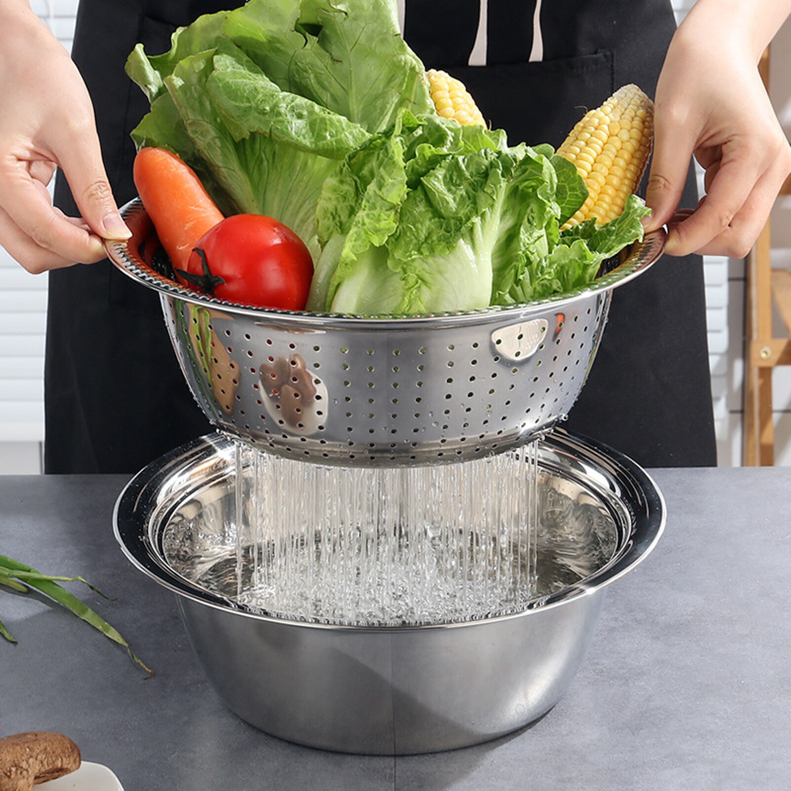 Kitchen Basin Thicken Stainless Steel Basin 3 in 1 Stainless Steel Grater Solid Basin Drain Basket Washing Bowl Set Kitchen Tool