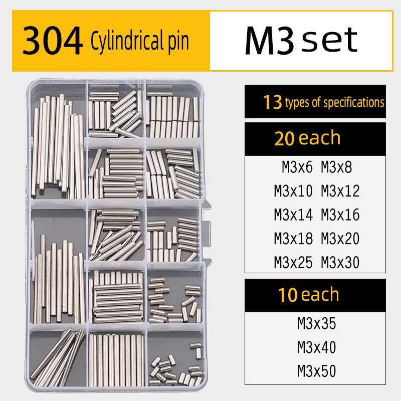Pin key set DIY boxed 304 stainless steel cylindrical pin elastic pin split pin multi-specification combination set: Cylindrical(pinM3set