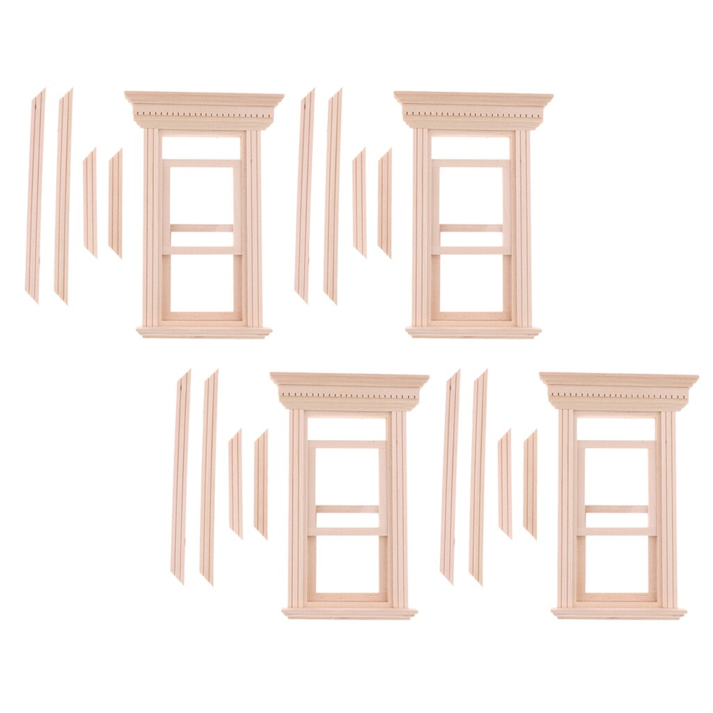 4 Set Dollhouse Furniture Wooden Unpainted 1 12 Scale Movable Sash Window Model (with Frame Parts), Room Garden DIY Decoration