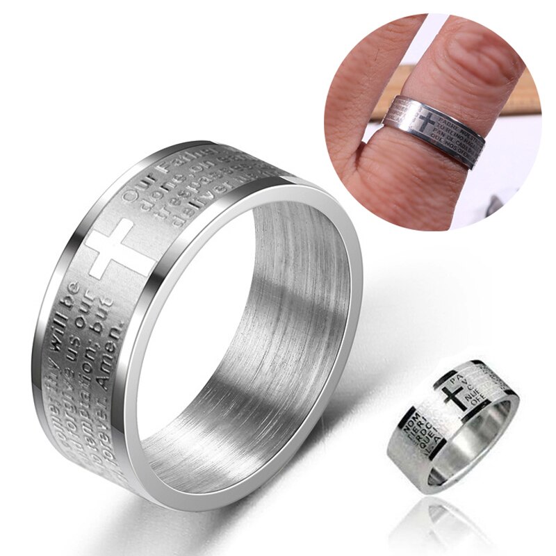 Heren Rvs Cross Schrift Ring Mode Zilveren Kleur Mannelijke Charmant Sieraden Glad Vinger Ringen