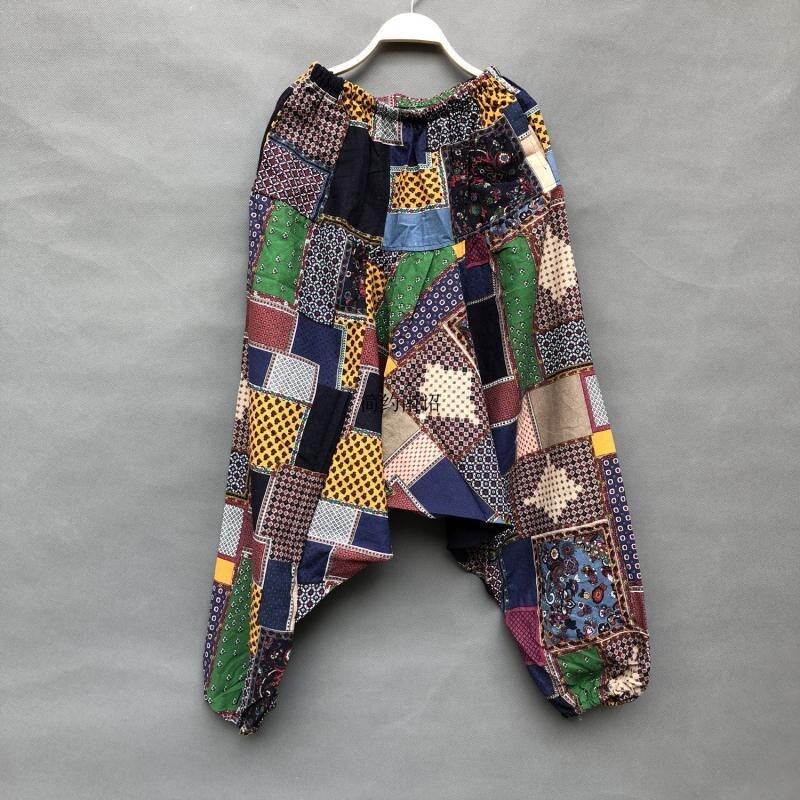 Zomer herenbroek bloomer etnische stijl thaise katoen en linnen dansbroek losse dongba broek nepalese broek met groot kruis: Groen blok