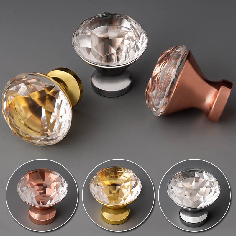 Rose Gold Door Knobs 30mm Diamond Shape Crystal Glass Knobs Drawer Pull Kitchen Cabinet Door Wardrobe Handles Hardware