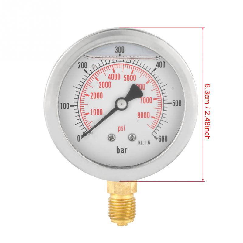 Manómetro hidráulico de Metal, herramienta de medición de presión de agua, 0-250Bar 0-600Bar G, 1/4 ", 63mm 0-8500psi, esfera de Metal