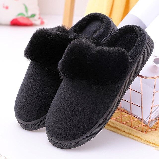 Vinter hem skor man house tofflor varma fuskpäls dam mjuk plysch lurvig enfärgad älskare män slides skor plus size: Svart / 43