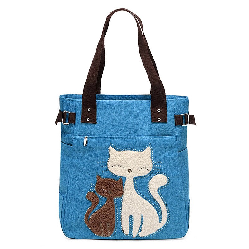 Dames Canvas Tas Vrouwen Schoudertassen Vrouwelijke Leuke Kat Handtas Casual Totes Lady College School Boeken Tas Boodschappentas Voor meisjes: Blauw