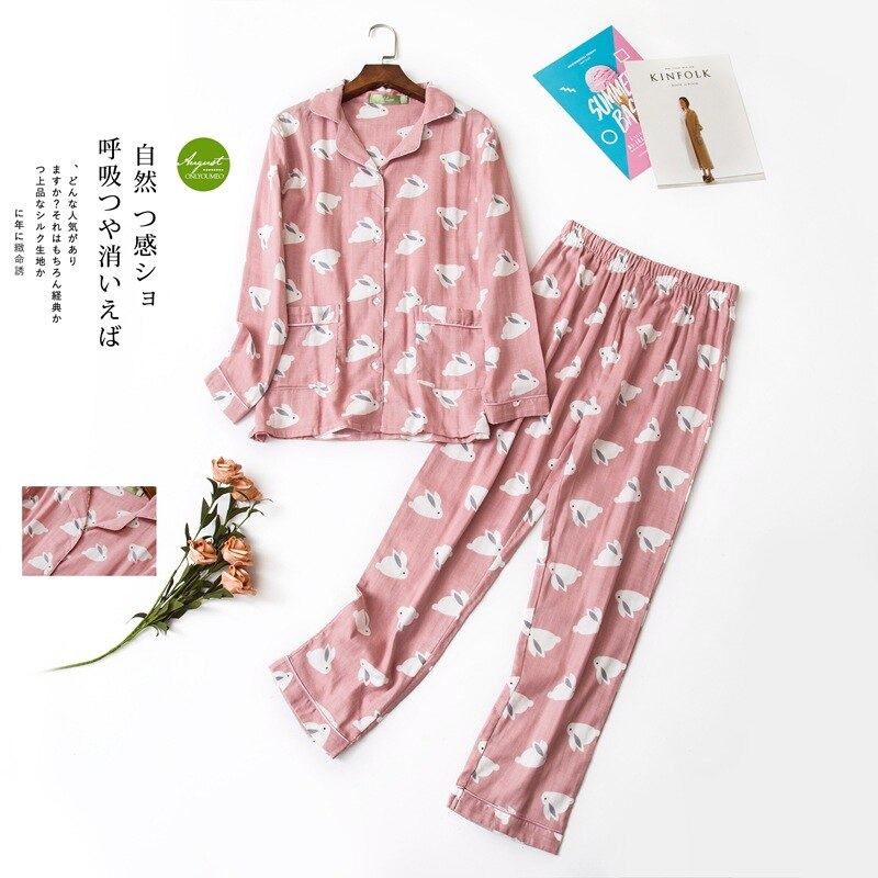 Pyjama à manches longues pour Couple, vêtements de nuit, en coton, grande taille, printemps et été: women-pink / L