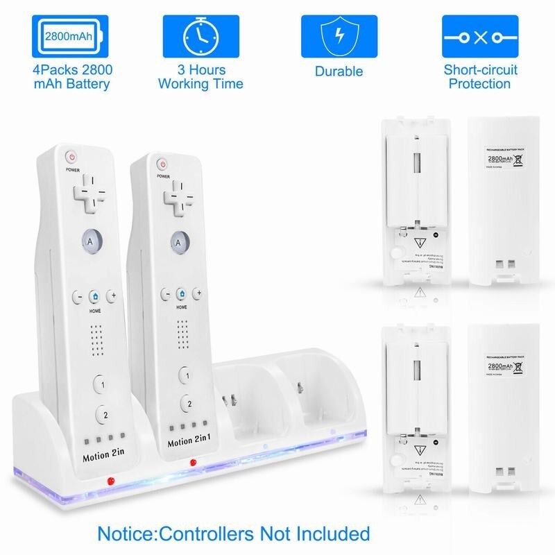 For Nin Ten Do Wii Gamepad Charger USB 2/4 Port Charge Remote Controller Charging Dock Station Dock + 2/4 Battery With LED Light: 4port white