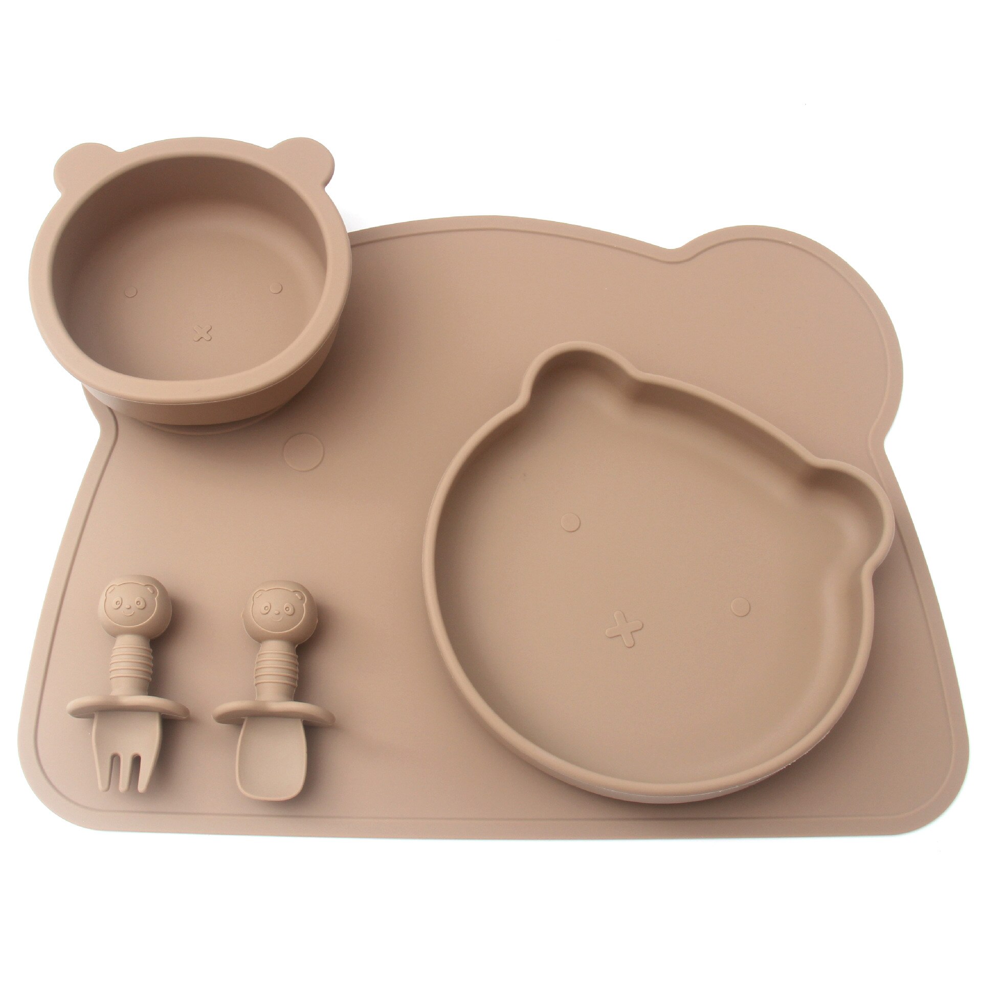 Babyvoeding Kom Plaat Lepel En Vork Set Food Grade Siliconen Antislip Baby Siliconen Servies Bpa Gratis Siliconen kauwen Gerechten: khaki