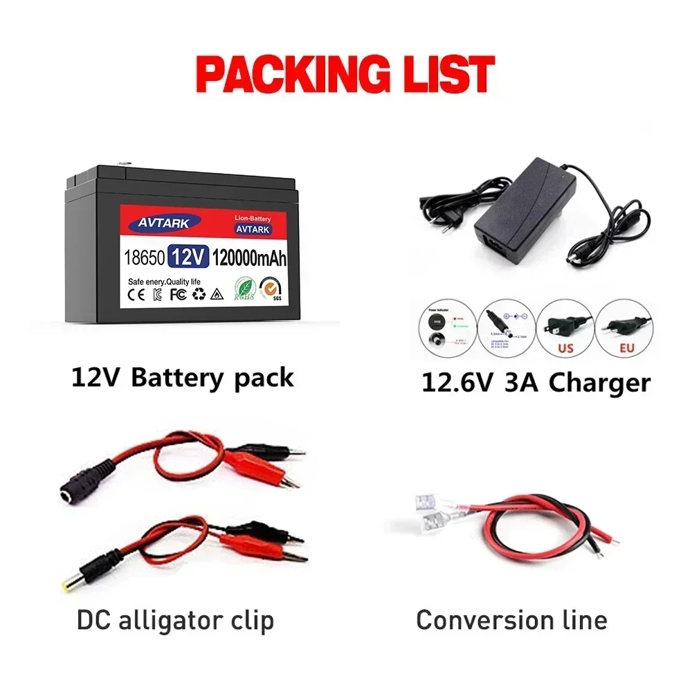 LiFePO4 12 V 120 Ah 18650 Lithiumbatterie Eingebauter BMS-Pack Wiederaufladbarer Akku für Solarenergie-Elektrofahrzeugbatterie
