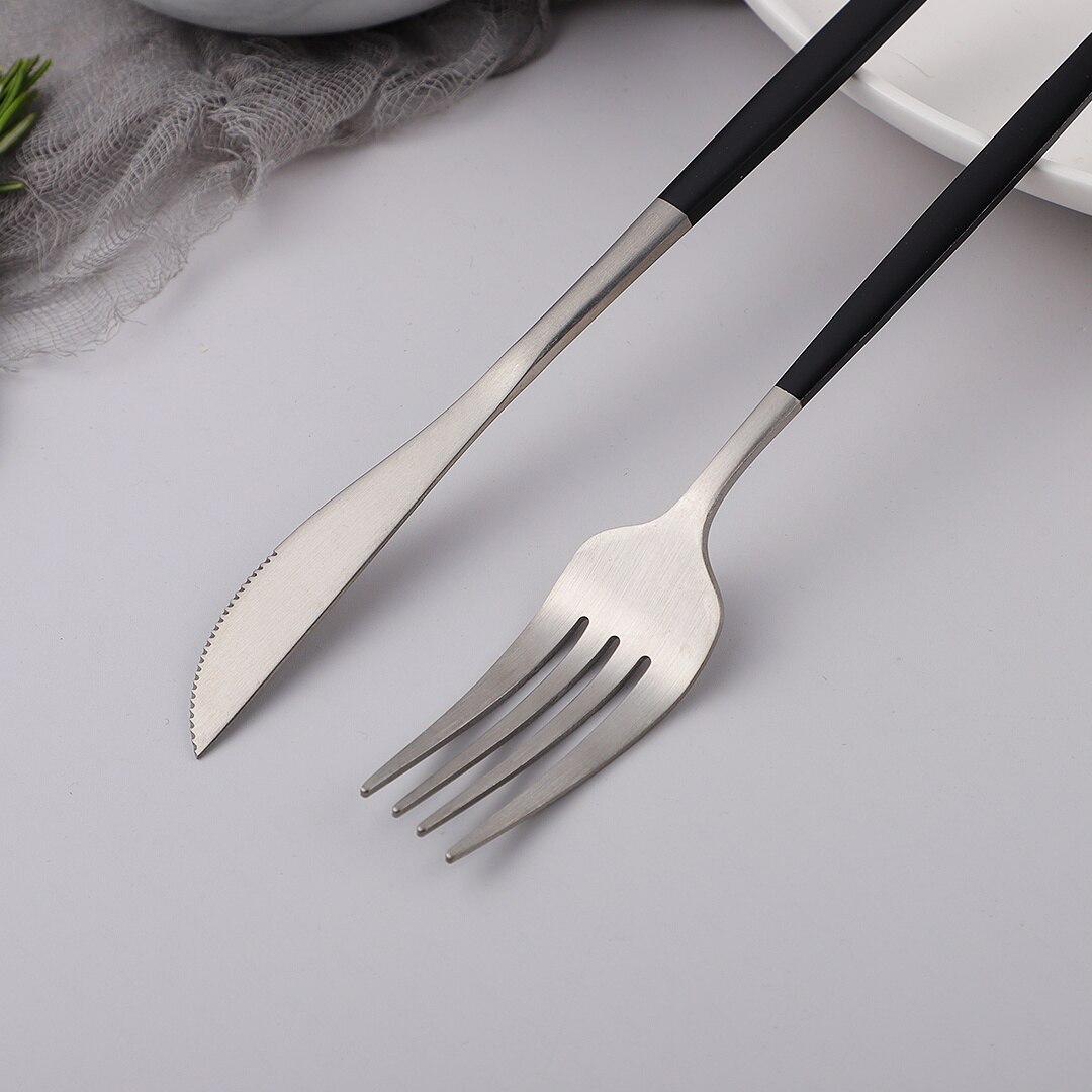 5Pcs Set Frosted Black Silver Combination Dinnerware Sets Stainless Steel Forks Knives Spoons Tableware Set Cutlery
