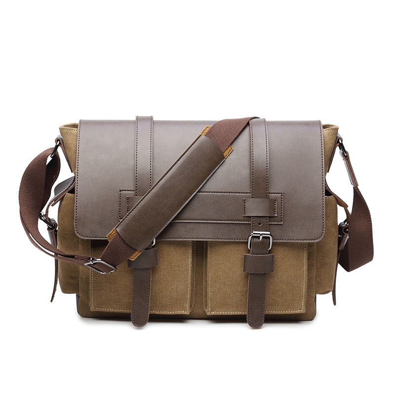 Canvas Aktetas Vintage Mannen Messenger Bags Man Schoudertas Met Lederen Crossbody Tassen Aktetas: khaki