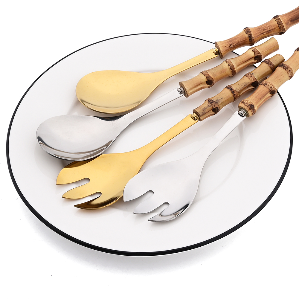Juego de cubiertos de cocina con mango largo, cuchara para ensalada, tenedor, vajilla de acero inoxidable, mango de madera de bambú, 2/4 Uds.