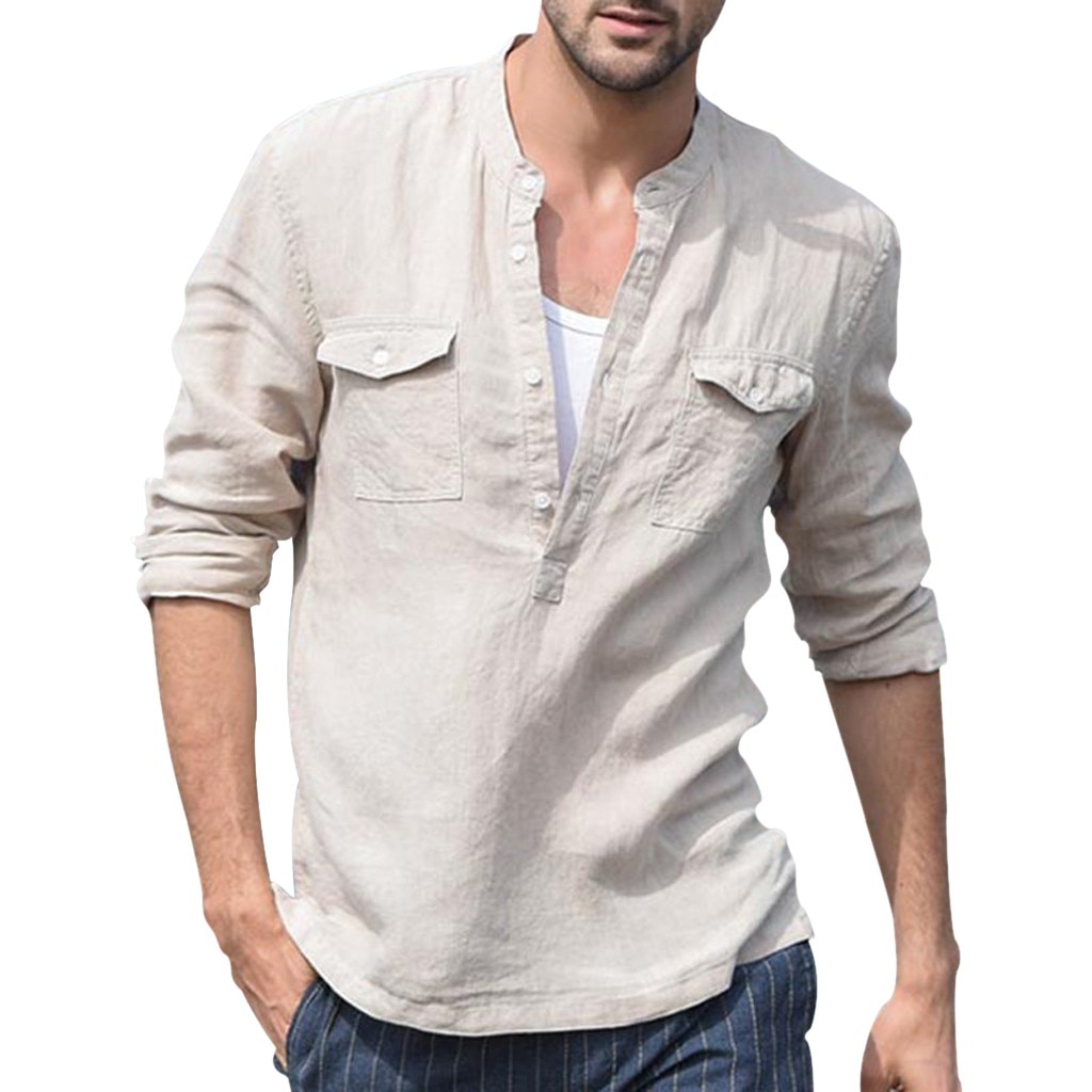 FREE OSTRICH Casual Shirt Men's Loose Cotton Linen Pocket Solid Color Long Sleeve Shirt Casual Comfortable Men's Shirts