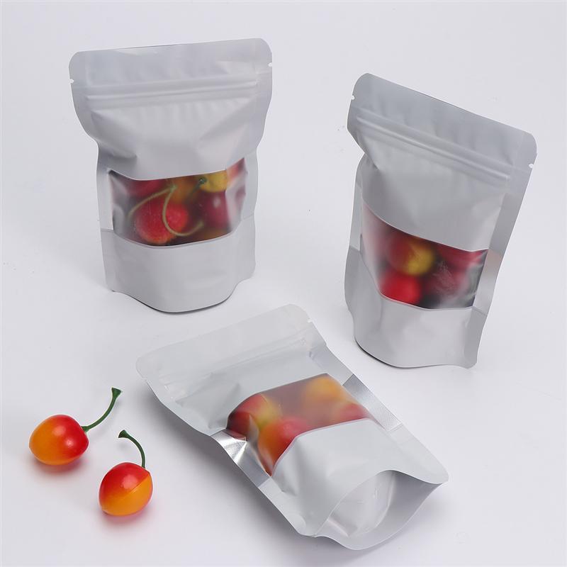 100pcs Aluminized Reclosable Zip Bags with Clear Window Standing Bulk Food Storage Pouch Packaging Bag (White)