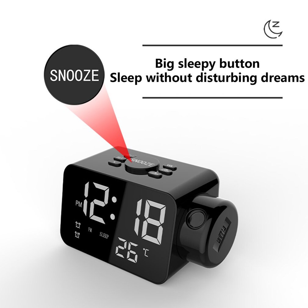 Multifunctionele Led Projectie Klok Grote Snooze Knop Met Temperatuur Display 12/24 Uur Fm Radio Thuis Wekker
