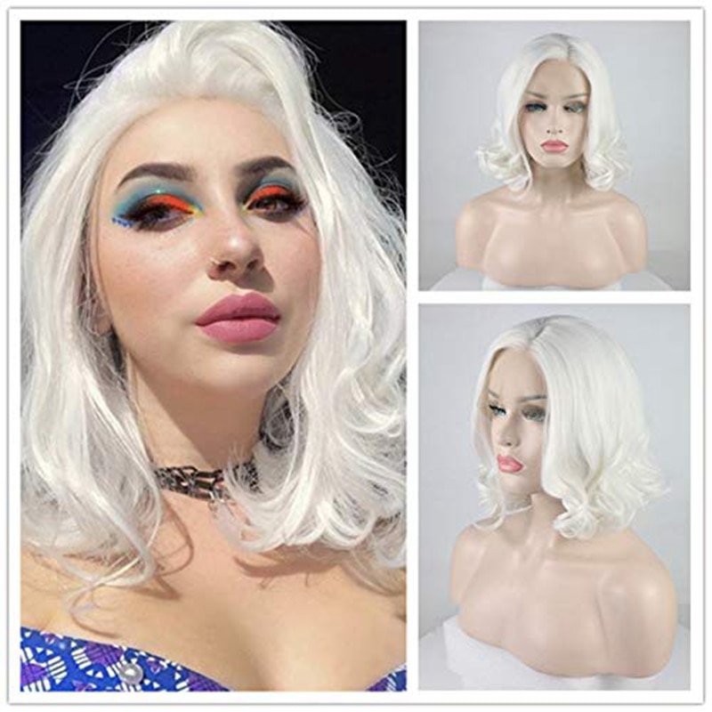 Dlme Sabrina Cosplay Korte Witte Blonde Synthetische Lace Front Pruiken Hittebestendige Hair Wit Bob Golvende Pruik Voor Vrouwen