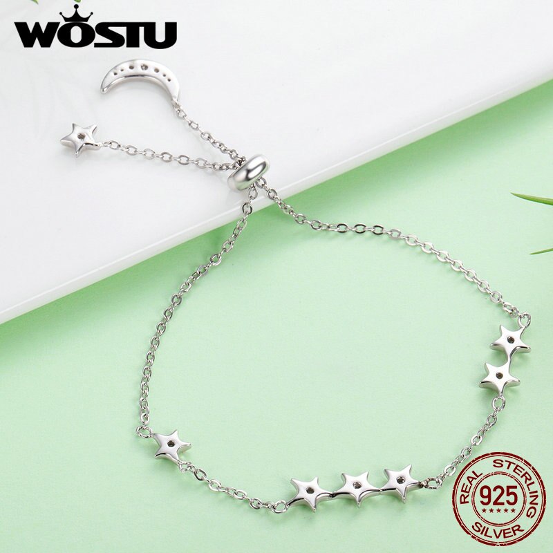 Wostu merk echt 925 sterling zilveren maan & sterren verstelbare kettingarmband voor vrouwen fijne sieraden jaar cqb 007
