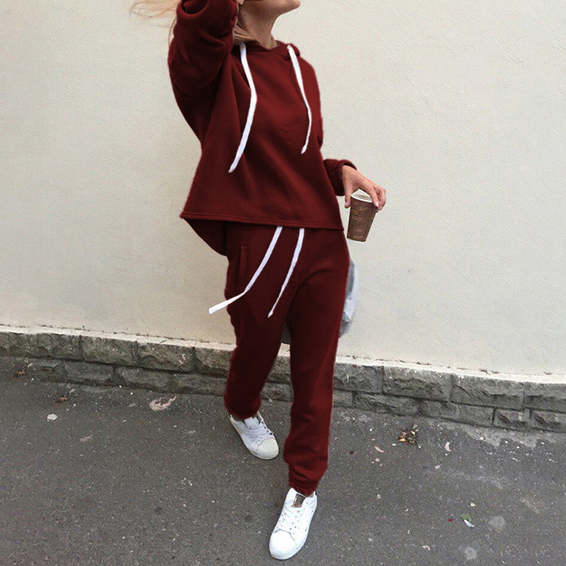 Damen 2 -teiliger trainingsanzug, Sport, langarm-Sweatshirt, jogginghose, laufanzug, trainieren-einstellen, fitnessstudio, frühlings-sportbekleidung: Rotwein / S