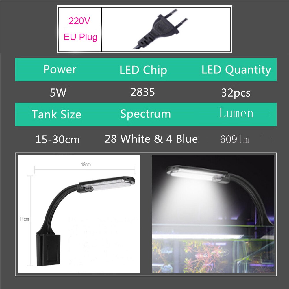 Super Heldere Led Aquarium Verlichting Led Planten Groeien Licht 5W/10W Aquatische Zoetwater Lampen Waterdicht Clip Op lamp Voor Aquaria: X5M EU Plug