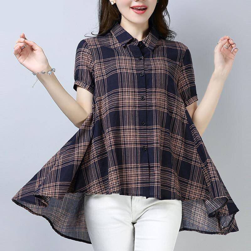 Vrouwen Lente Zomer Stijl Katoen En Linnen Blouses Shirts Lady Casual Losse Stijl Plaid Gedrukt Blusas Tops DF3718