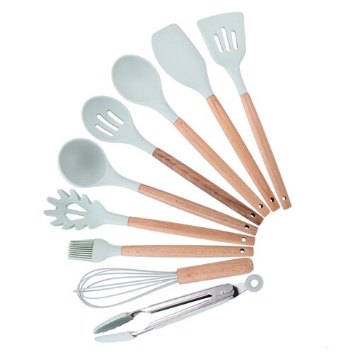 Geschirr 12Stck Silikon Kochen Utensilien einstellen Wärme beständig Küche Nicht-Stock Kochen Utensilien Backen Werkzeuge Mit Lagerung Kasten: Grün 9PCSA