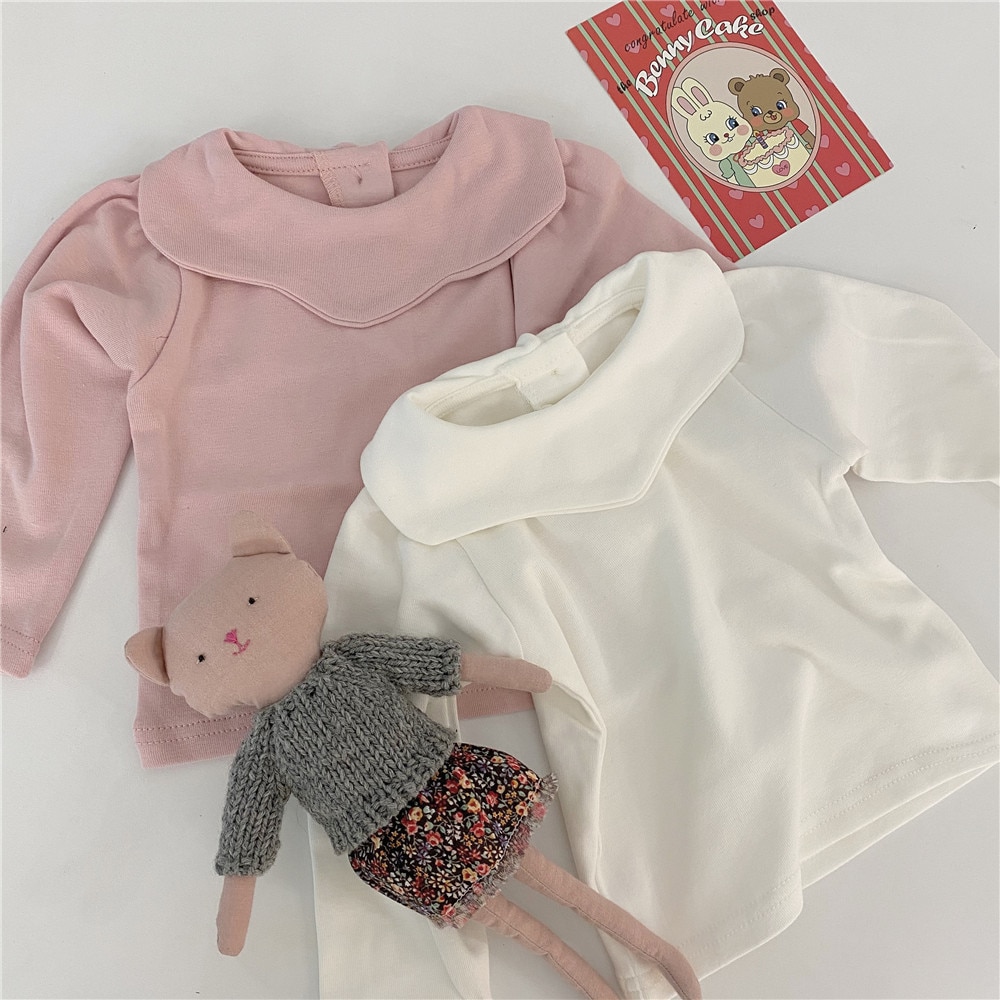 Meninas do bebê 0-2 anos bonito Pétalas gola base de manga longa t-shirts de algodão macio cor sólida all-combinar com Tops