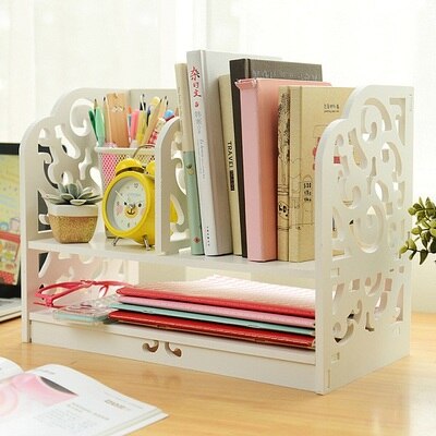 Organizador de escritorio de madera blanco, soporte para libros, papelería, sujetalibros decorativo, organizador de libros