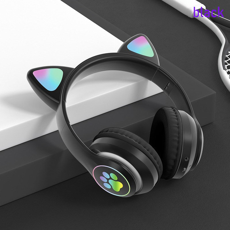 Flashing LED Cute Cat Wireless Headphones with Microphone Women HiFi Stereo RGB Music Phone Bluetooth Headset: black