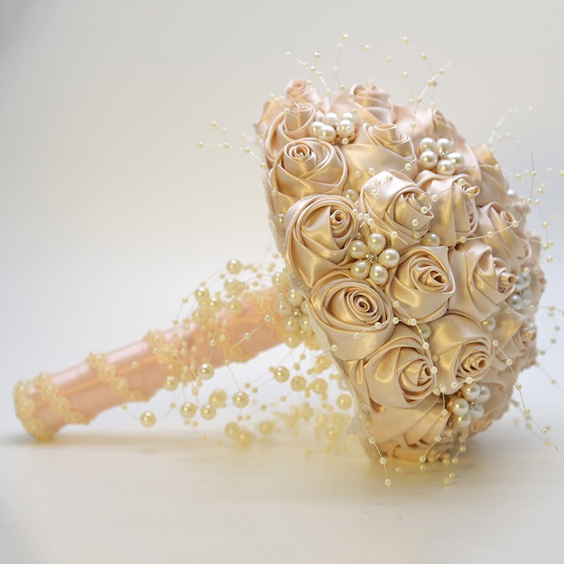 Janevini 2020 nova noiva flores cetim rosa pérolas rosa casamento buquê de cristal nupcial buquê fleur artificielle branco broche: Champanhe