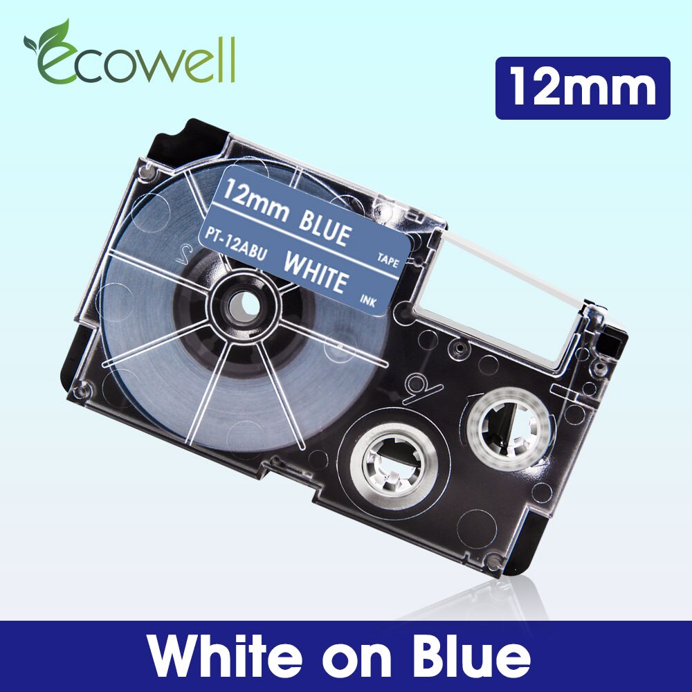 Ecowell XR-12WE XR-12RD XR-12BU XR-12YW XR-12GN Multicolor Casio label tape compatible for KL-60 KL-60SR KL-750 EZ Label Maker: White on Blue